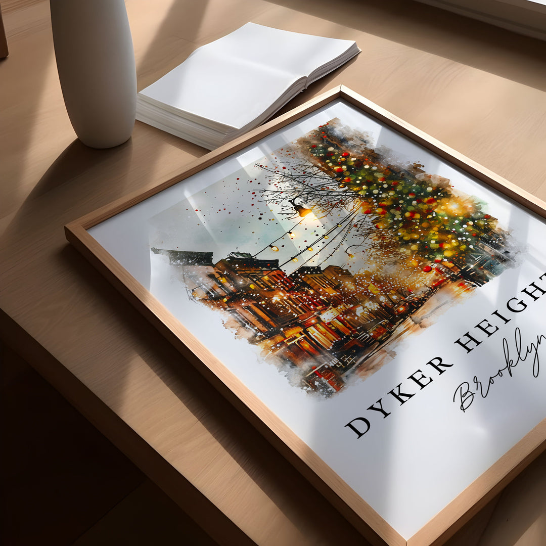 Dyker Heights watercolor travel art - Brooklyn, Dyker Heights print, Brooklyn Wedding gift, Birthday present, Custom Text, Perfect Gift