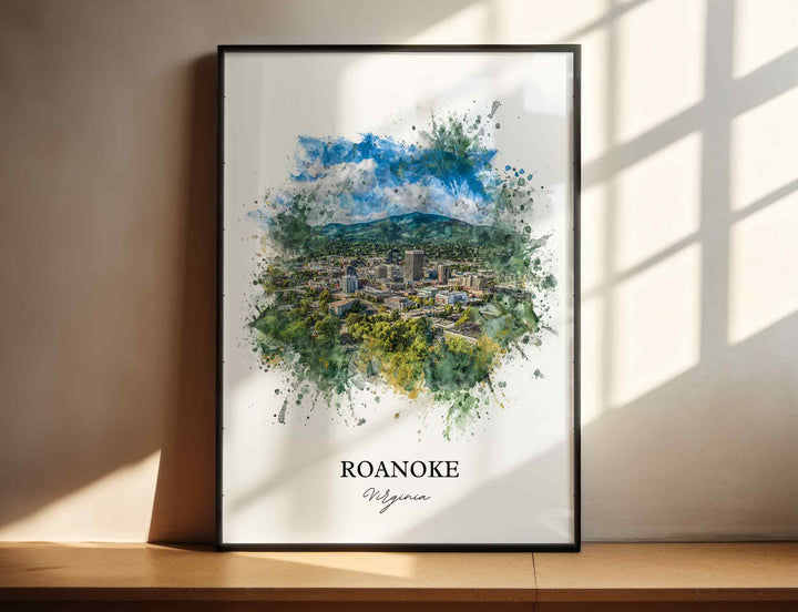 Roanoke VA Wall Art, Roanoke Print, Roanoke Watercolor Art, Roanoke Virginia Gift, Travel Print, Travel Poster, Housewarming Gift