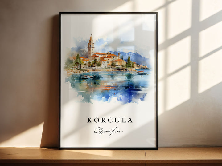 Korcula traditional travel art - Croatia, Korcula poster print, Wedding gift, Birthday present, Custom Text, Perfect Gift