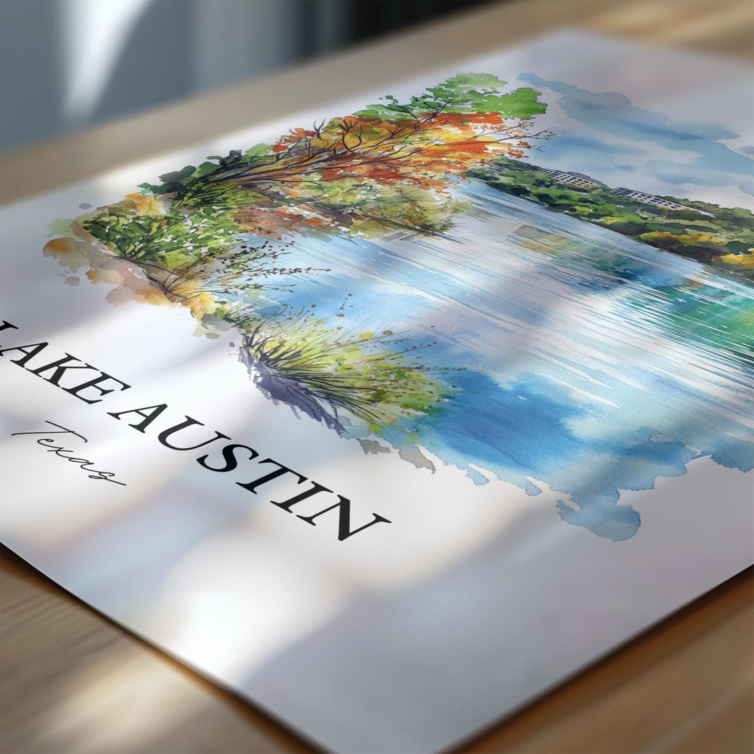 Lake Austin Wall Art, Austin TX Print, Texas Watercolor Art, Lake Austin Gift, Travel Print, Travel Poster, Housewarming Gift