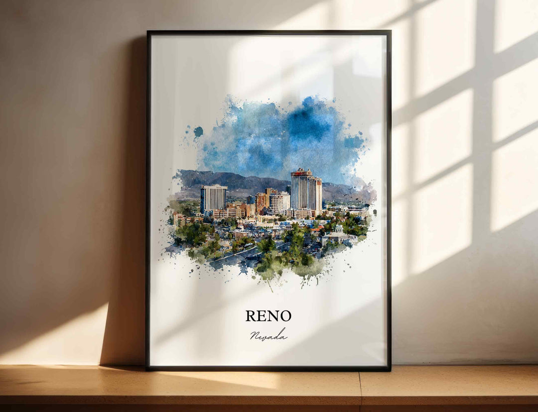 Reno, Nevada Wall Art, Reno Print, Nevada Watercolor Art, Reno Nevada Skyline Gift, Travel Print, Travel Poster, Housewarming Gift