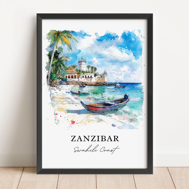 Zanzibar Wall Art, Zanzibar Island Print, Unguja Watercolor Art, Tanzania Gift, Travel Print, Travel Poster, Housewarming Gift