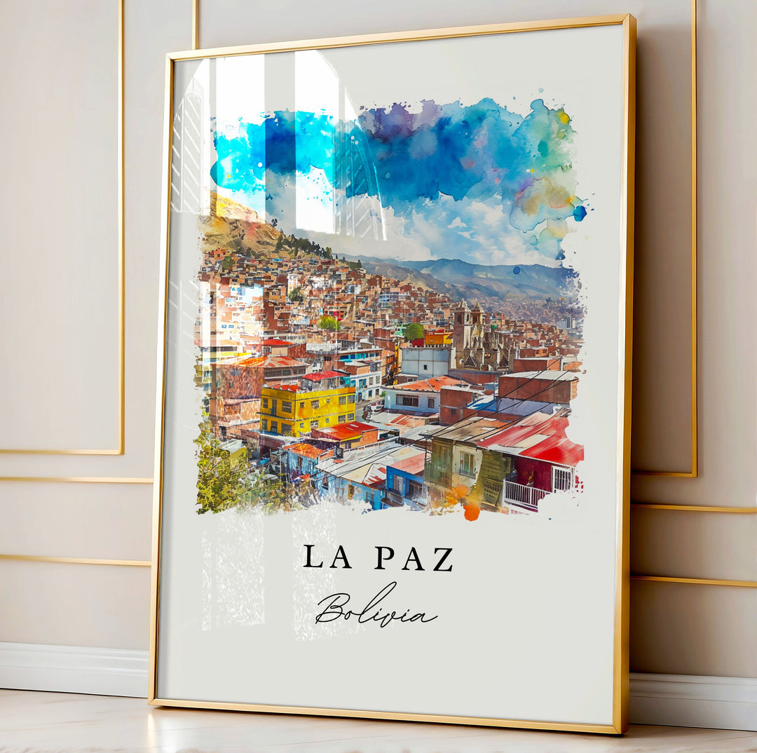 La Paz watercolor travel art - Bolivia, La Paz print, Wedding gift, Birthday present, Custom Text, Perfect Gift