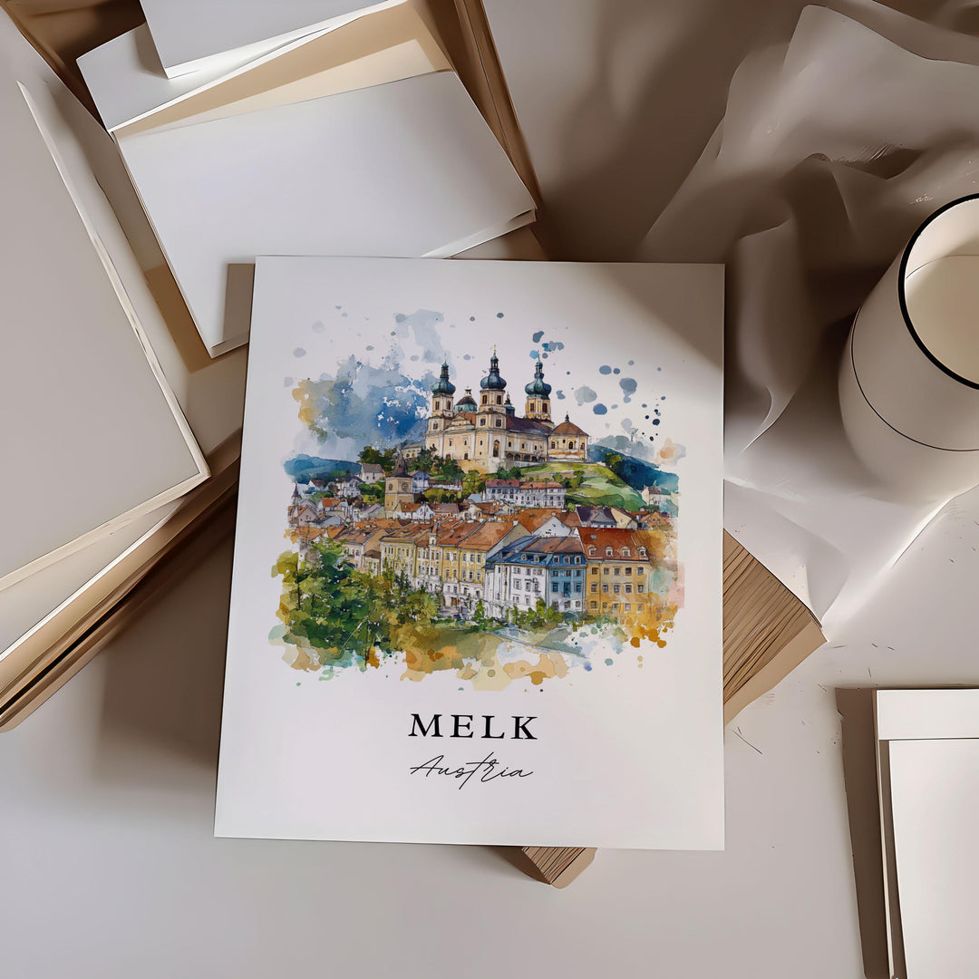 Melk Austria Wall Art, Melk Print, River Danube Watercolor, Melk Austria Gift, Melk Austria