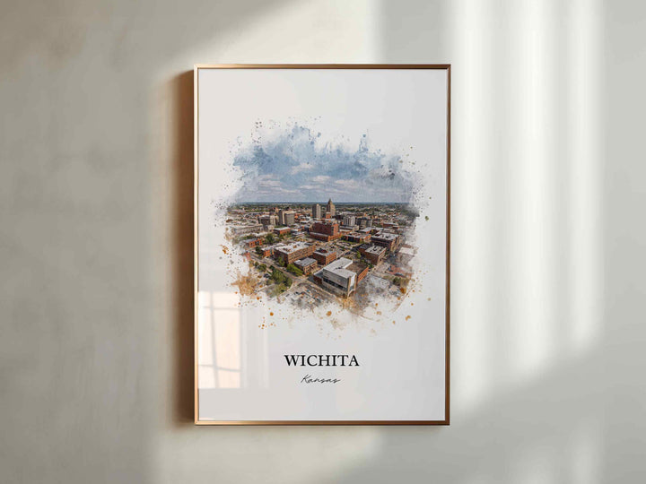 Wichita KS Wall Art, Wichita Print, Wichita Watercolor Art, Wichita Kansas Skyline Gift, Travel Print, Travel Poster, Housewarming Gift
