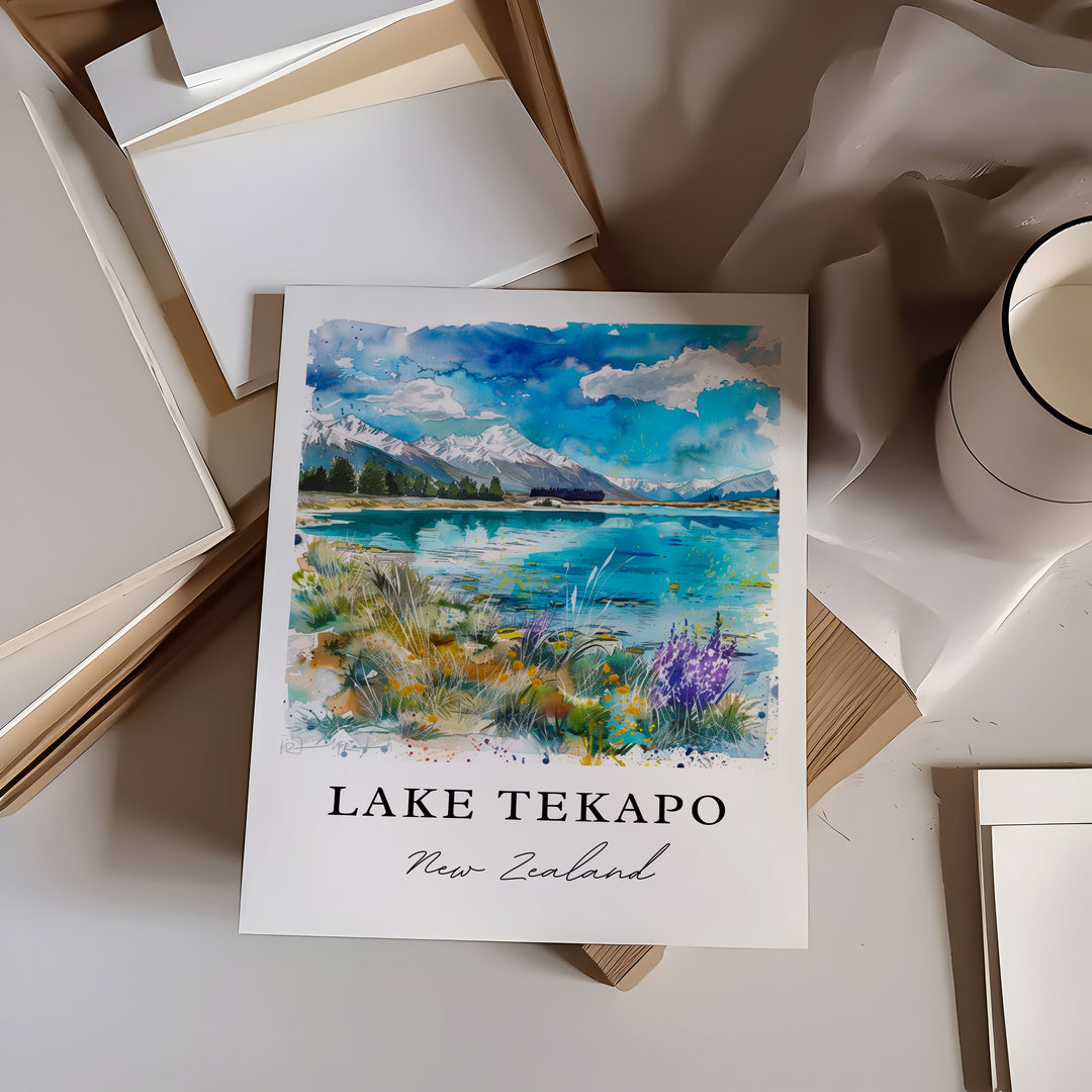 Lake Tekapo NZ Art, Lake Tekapo Print, South Island Watercolor Art, Takapo New Zealand Gift,