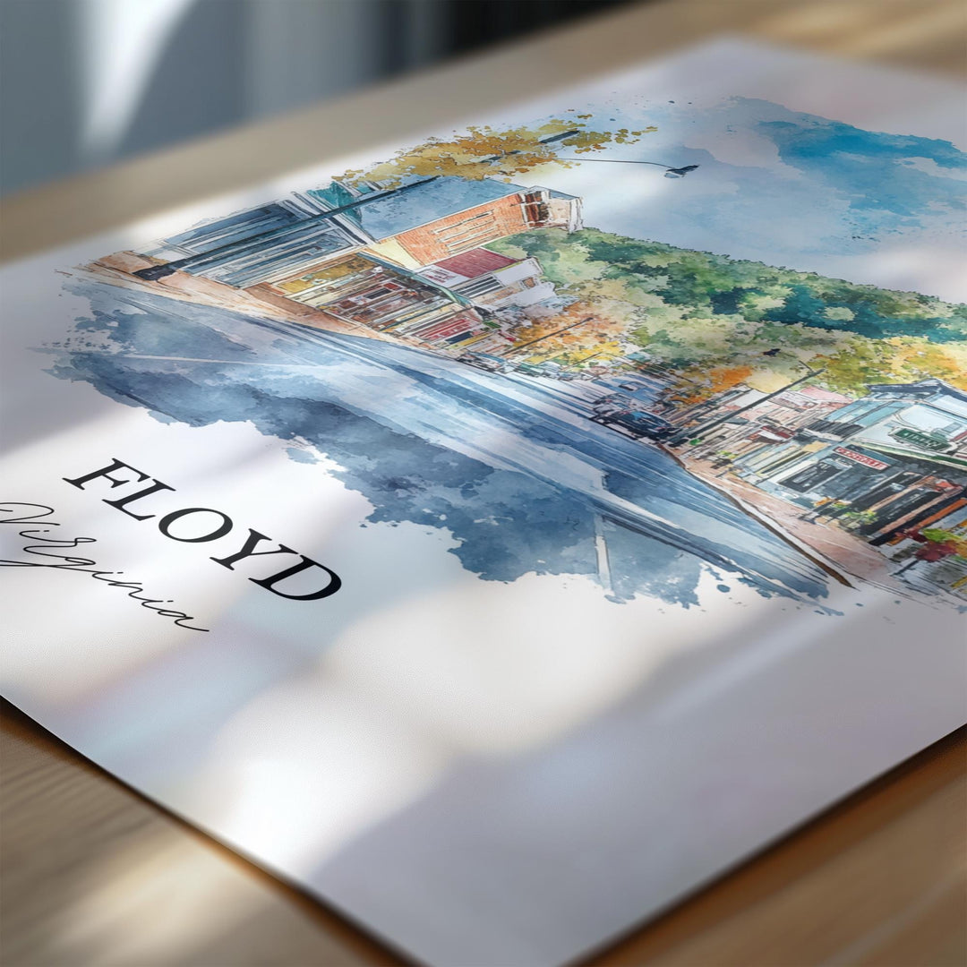 Floyd VA Wall Art, Blue Ridge Virginia Print, Virginia Watercolor Art, Floyd Virginia Gift, Travel Print, Travel Poster, Housewarming Gift