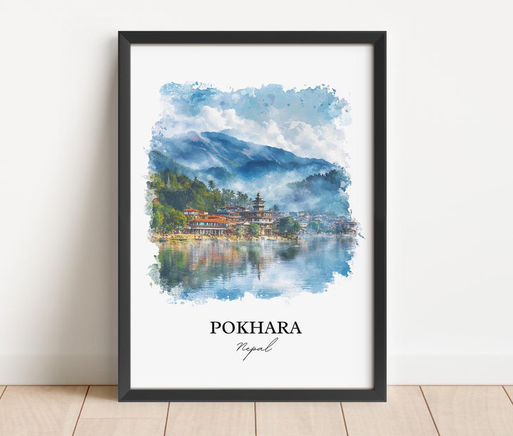 Pokhara Wall Art, Pokhara Nepal Print, Nepal Watercolor Art, Pokhara Nepal Gift, Travel Print, Travel Poster, Housewarming Gift
