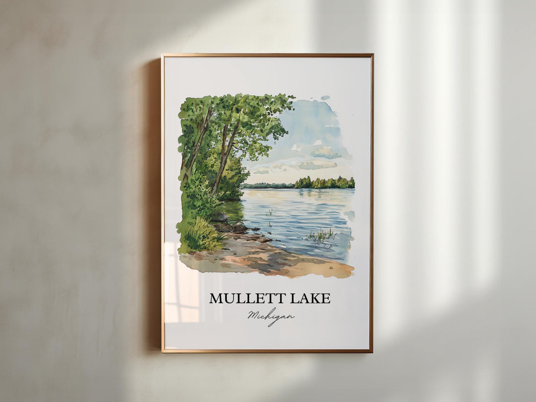 Mullett Lake Wall Art, Cheboygan County Print, Michigan Watercolor Art, Mullett Lake Gift, Travel Print, Travel Poster, Housewarming Gift