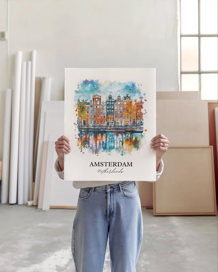 Amsterdam Wall Art, Amsterdam NLD Print, Netherlands Watercolor Art, Amsterdam Gift, Travel Print, Travel Poster, Housewarming Gift