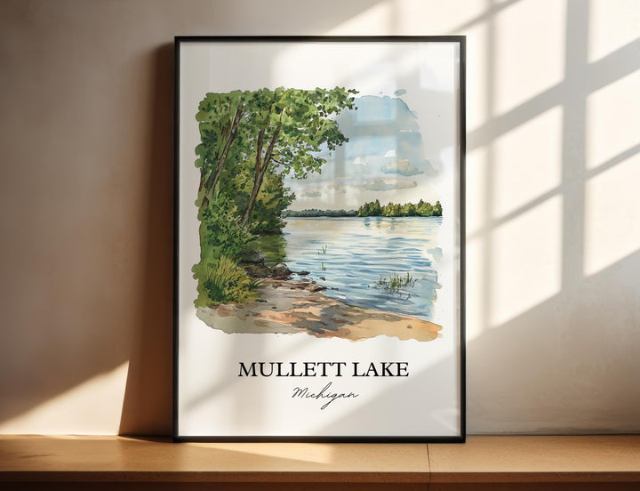 Mullett Lake Wall Art, Cheboygan County Print, Michigan Watercolor Art, Mullett Lake Gift, Travel Print, Travel Poster, Housewarming Gift