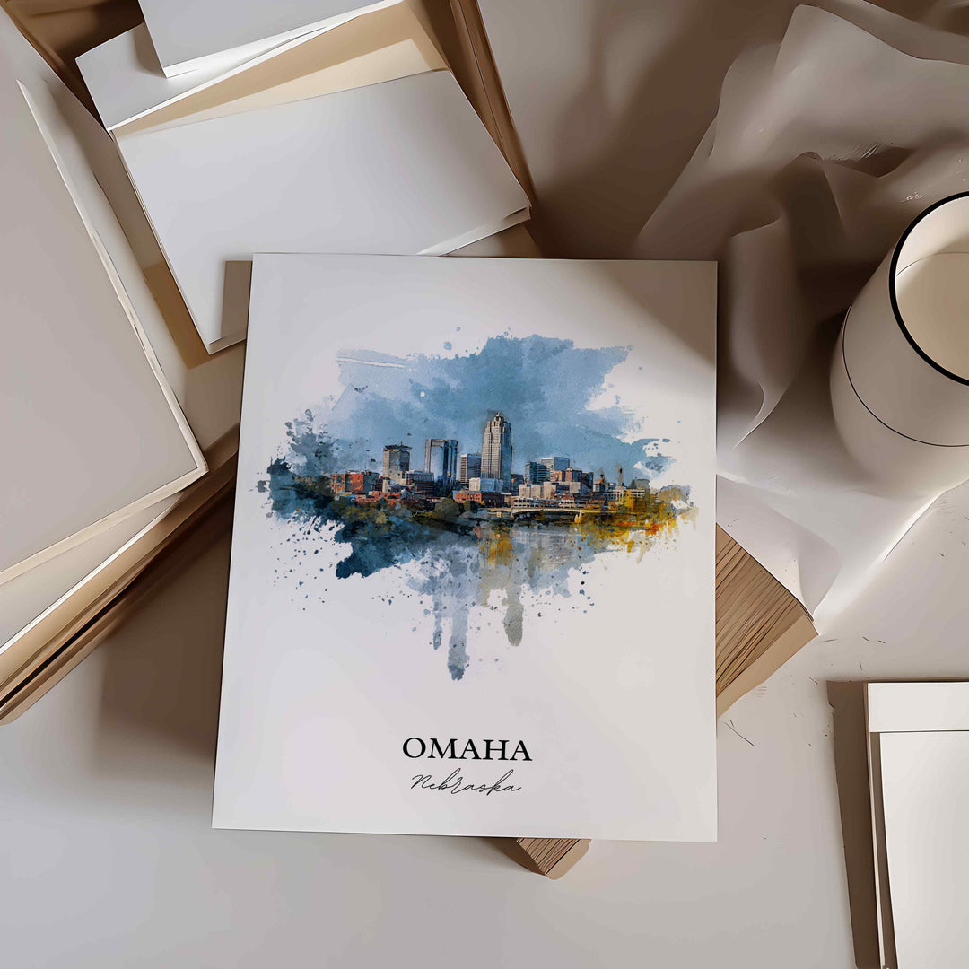 Omaha Nebraska Wall Art, Omaha Print, Nebraska Watercolor Art, Omaha NE Skyline Gift, Travel Print, Travel Poster, Housewarming Gift