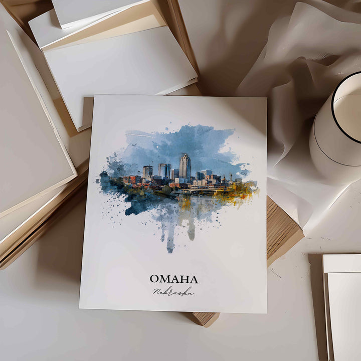 Omaha Nebraska Wall Art, Omaha Print, Nebraska Watercolor Art, Omaha NE Skyline Gift, Travel Print, Travel Poster, Housewarming Gift