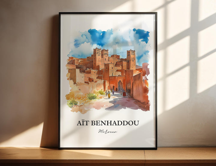 Ait Benhaddou Wall Art, Marrakesh Print, Morocco Watercolor Art, Ait Benhaddou Gift, Travel Print, Travel Poster, Housewarming Gift