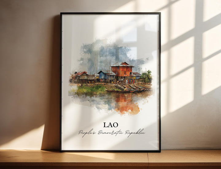 Lao Wall Art, Lao Print, Lao Country Watercolor Art, Lao Gift, Travel Print, Travel Poster, Housewarming Gift