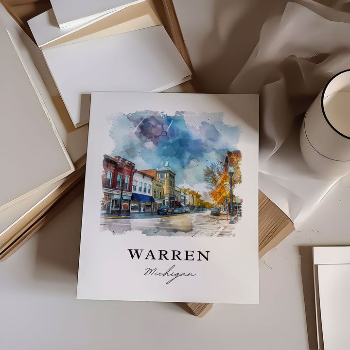 Warren Michigan Wall Art, Warren Print, Warren MI Watercolor Art, Macomb County MI Gift,