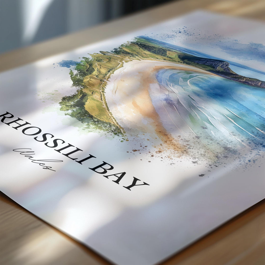 Rhossili Bay Wall Art, South Wales Print, Wales Watercolor Art, Rhossili Bay Gift, Travel Print, Travel Poster, Housewarming Gift