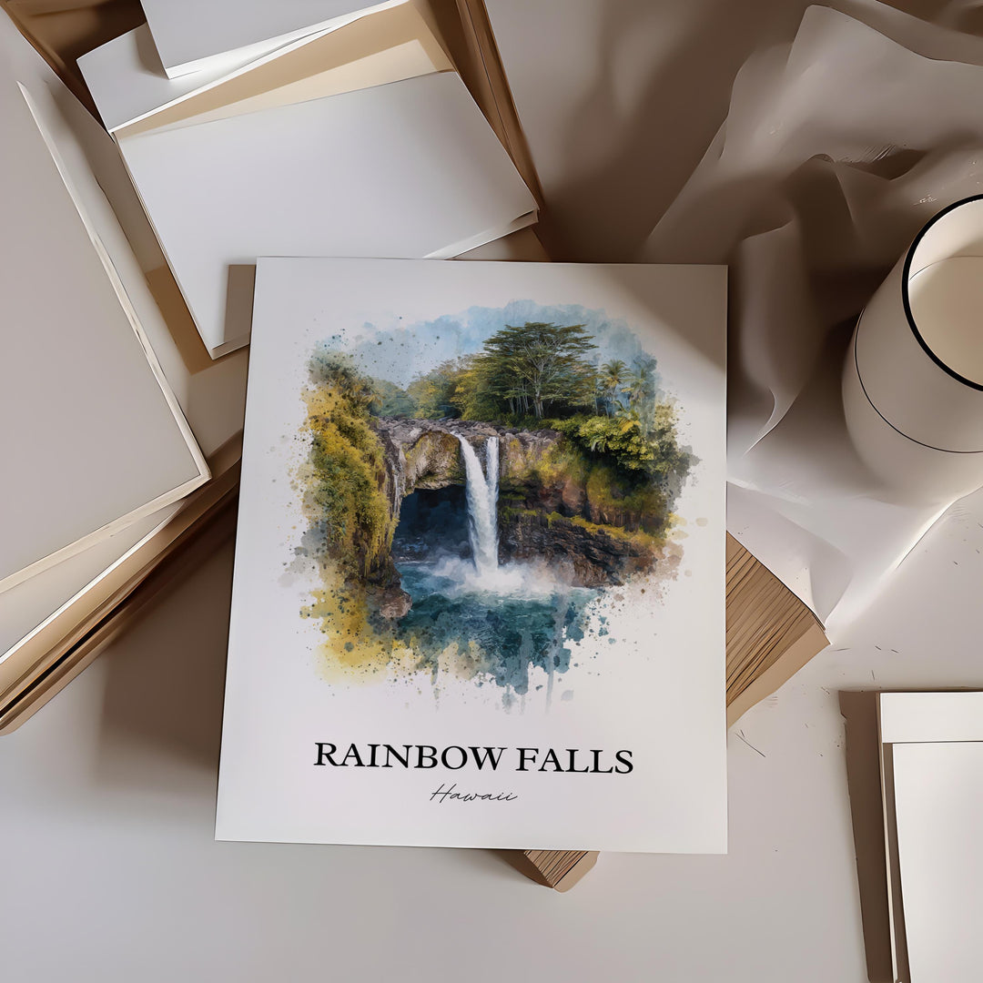 Rainbow Falls Wall Art, Hilo Print, Hilo Hawaii Watercolor Art, Rainbow Falls Gift, Travel Print, Travel Poster, Housewarming Gift