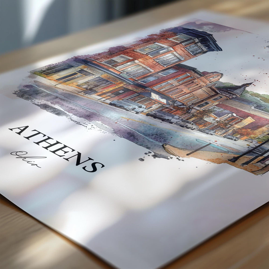 Athens Ohio Wall Art, Parkersburg WV Print, Ohio Watercolor Art, Athens Ohio Gift, Travel Print, Travel Poster, Housewarming Gift
