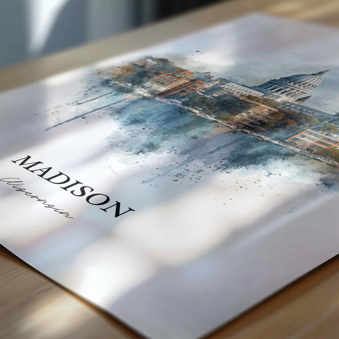 Madison WI Wall Art, Madison Print, Wisconsin Watercolor Art, Madison Wisconsin Skyline Gift, Travel Print, Travel Poster, Housewarming Gift