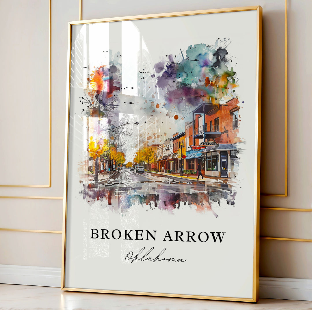 Broken Arrow OK Wall Art, Broken Arrow  Print, Oklahoma Watercolor, Tulsa OK Gift, Travel Poster, Housewarming Gift
