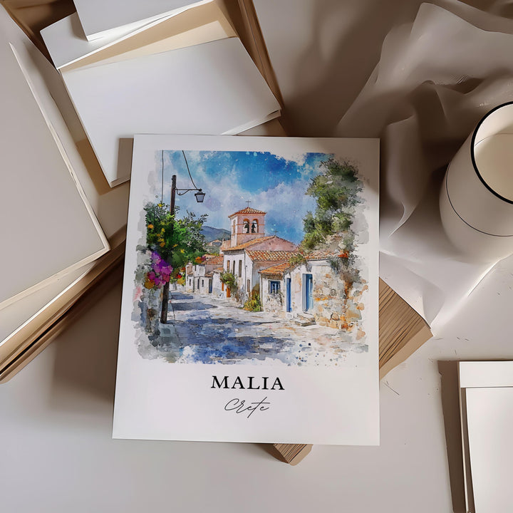 Malia Crete Wall Art, Malia Greece Print, Crete Watercolor Art, Crete Gift, Crete Travel Print, Travel Poster, Housewarming Gift