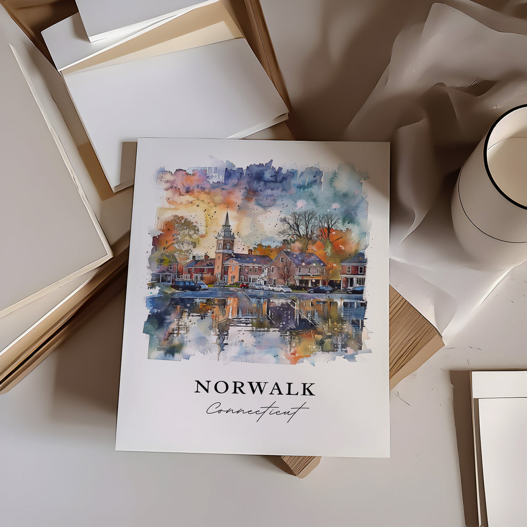 Norwalk CT Wall Art, Norwalk CT Print, Connecticut Watercolor, Norwalk Connecticut Gift,