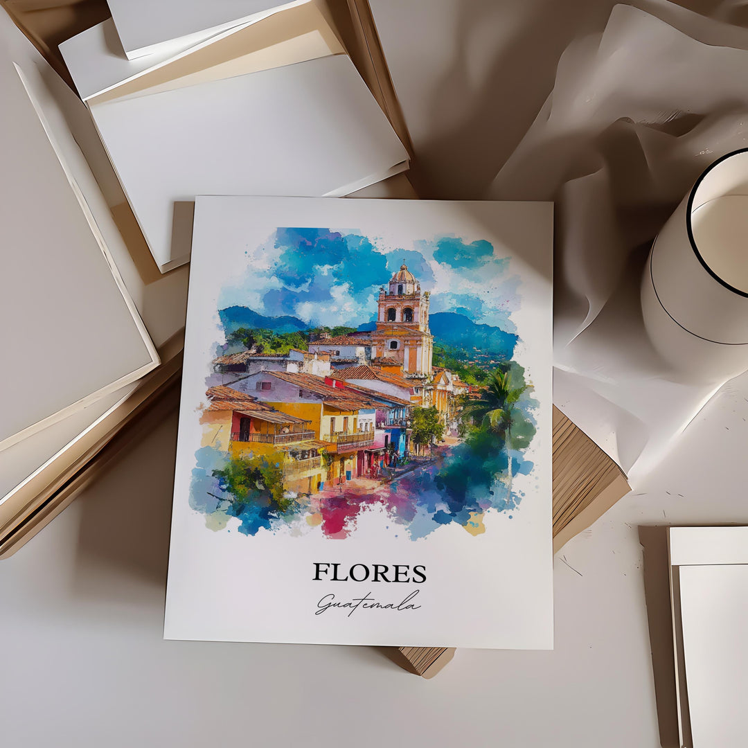 Flores Guatemala Wall Art, Petén Region Print, Guatemala Watercolor, Flores Guatemala Gift, Travel Print, Travel Poster, Housewarming Gift