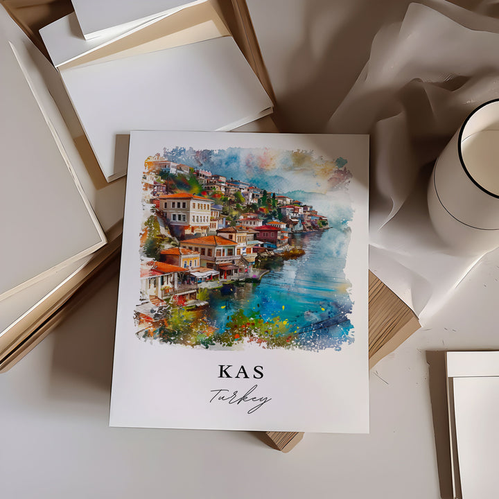 Kas Turkey Wall Art, Kas Print, Kas Coastal Town Watercolor, Bougainvillea flowers,