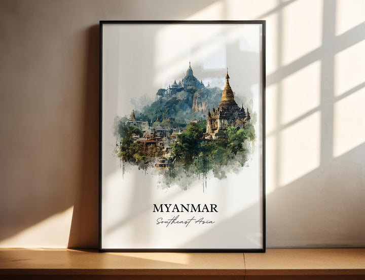 Myanmar Wall Art, Myanmar Print, Myanmar Watercolor Art, Myanmar Gift, Travel Print, Travel Poster, Housewarming Gift