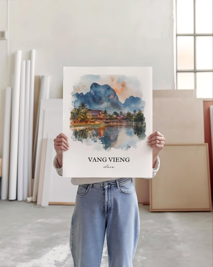 Vang Vieng Wall Art, Vientiane Print, Laos Watercolor Art, Vang Vieng Gift, Travel Print, Travel Poster, Housewarming Gift