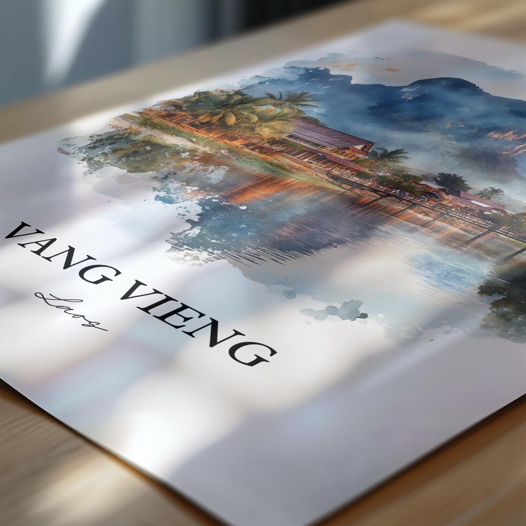 Vang Vieng Wall Art, Vientiane Print, Laos Watercolor Art, Vang Vieng Gift, Travel Print, Travel Poster, Housewarming Gift
