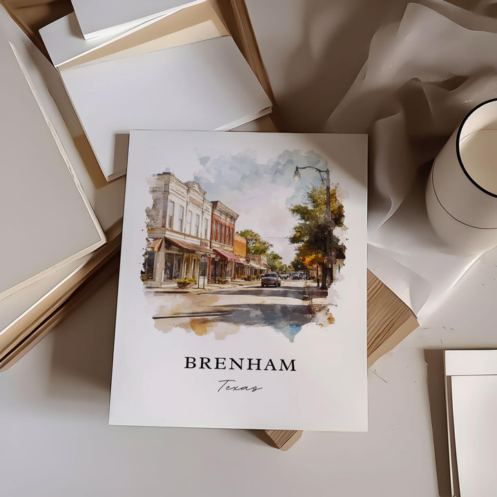 Brenham Texas Art, Brenham Print, Brenham TX Watercolor Art, Brenham Texas Town Gift, Travel Poster, Housewarming Gift