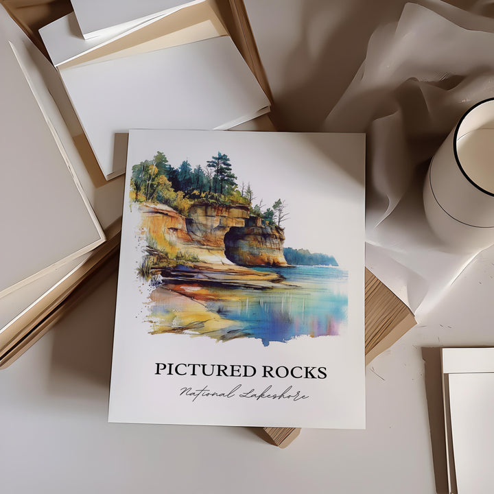 Pictured Rocks Lakeshore Wall Art, Alger County Print, Michigan Artwork, Pictured Rocks Gift, Travel Print, Travel Poster, Housewarming Gift