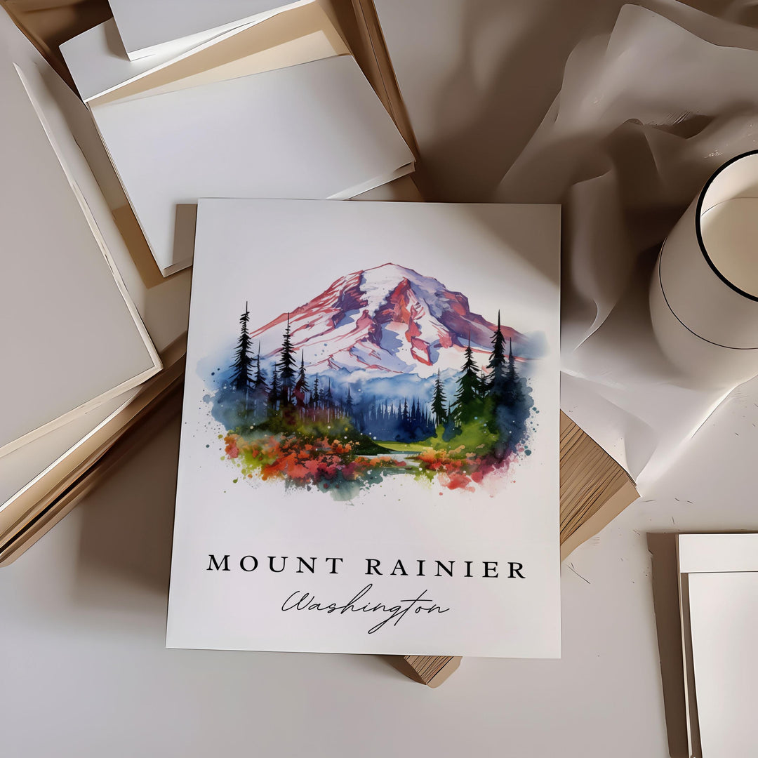 Mount Rainier traditional travel art - Washington, Mount Rainier poster print, Wedding gift, Birthday present, Custom Text, Perfect Gift