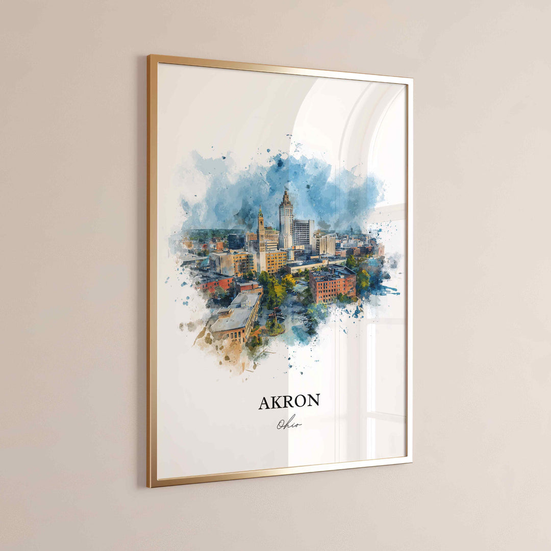 Akron, Ohio Wall Art, Akron Print, Akron Watercolor Art, Akron Ohio Skyline Gift, Travel Print, Travel Poster, Housewarming Gift
