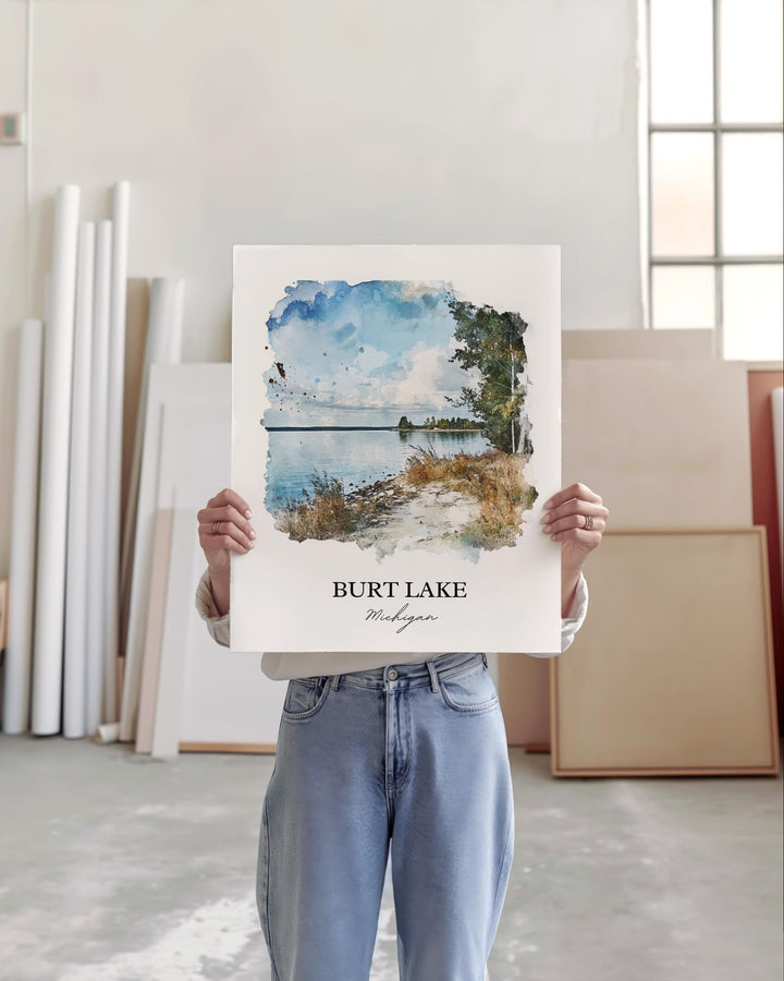 Burt Lake Michigan Art, Cheboygan County Print, Michigan Watercolor, Burt Lake Michigan Gift, Travel Print, Travel Poster, Housewarming Gift