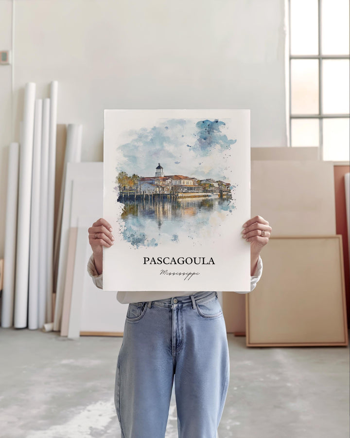 Pascagoula MS Wall Art, Jackson County Print, Mississippi Watercolor Art, Pascagoula Gift, Travel Print, Travel Poster, Housewarming Gift
