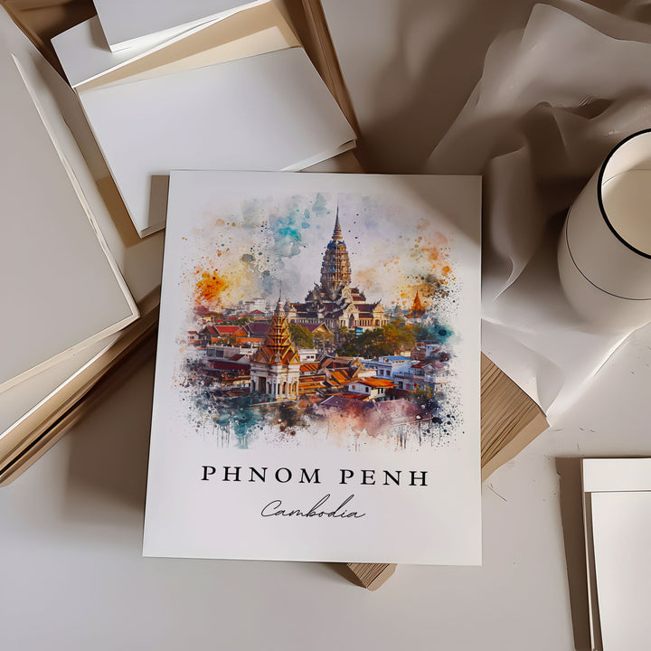 Phnom Penh watercolor travel art - Cambodia, Phnom Penh print, Wedding gift, Birthday present, Custom Text, Perfect Gift