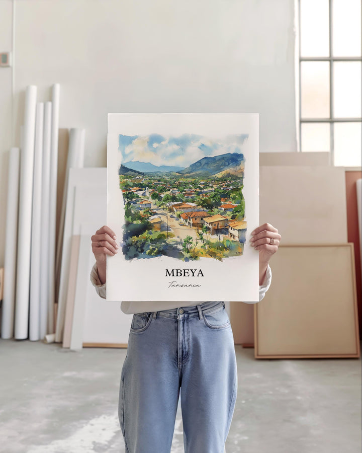 Mbeya Wall Art, Tanzania Print, Tanzania Watercolor Art, Mbeya Tanzania Gift, Travel Print, Travel Poster, Housewarming Gift