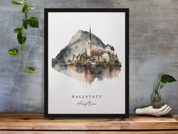 Hallstatt traditional travel art - Austria, Hallstatt poster, Wedding gift, Birthday present, Custom Text, Personalised Gift