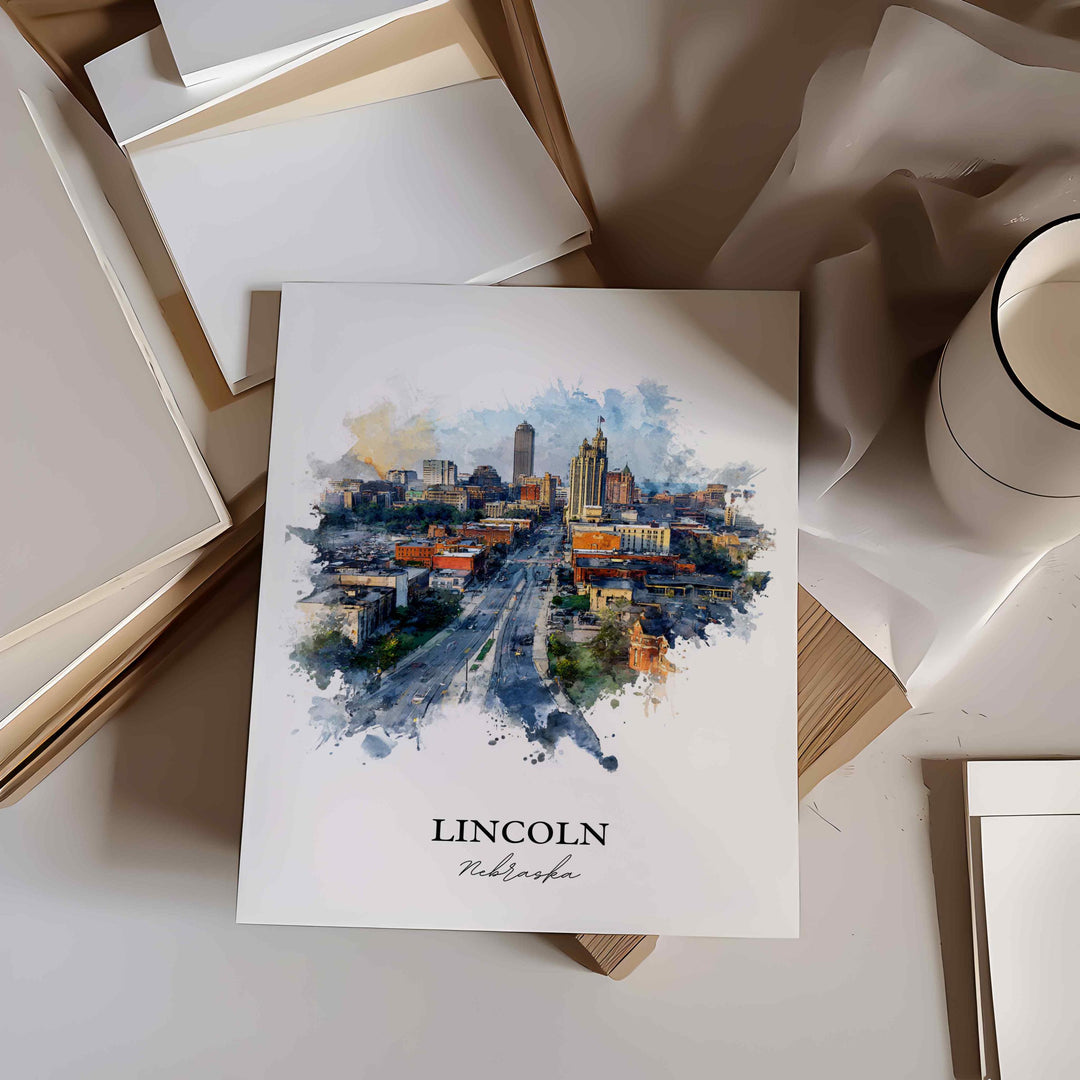 Lincoln NE Wall Art, Lincoln Print, Nebraska Watercolor Art, Lincoln Nebraska Skyline Gift, Travel Print, Travel Poster, Housewarming Gift