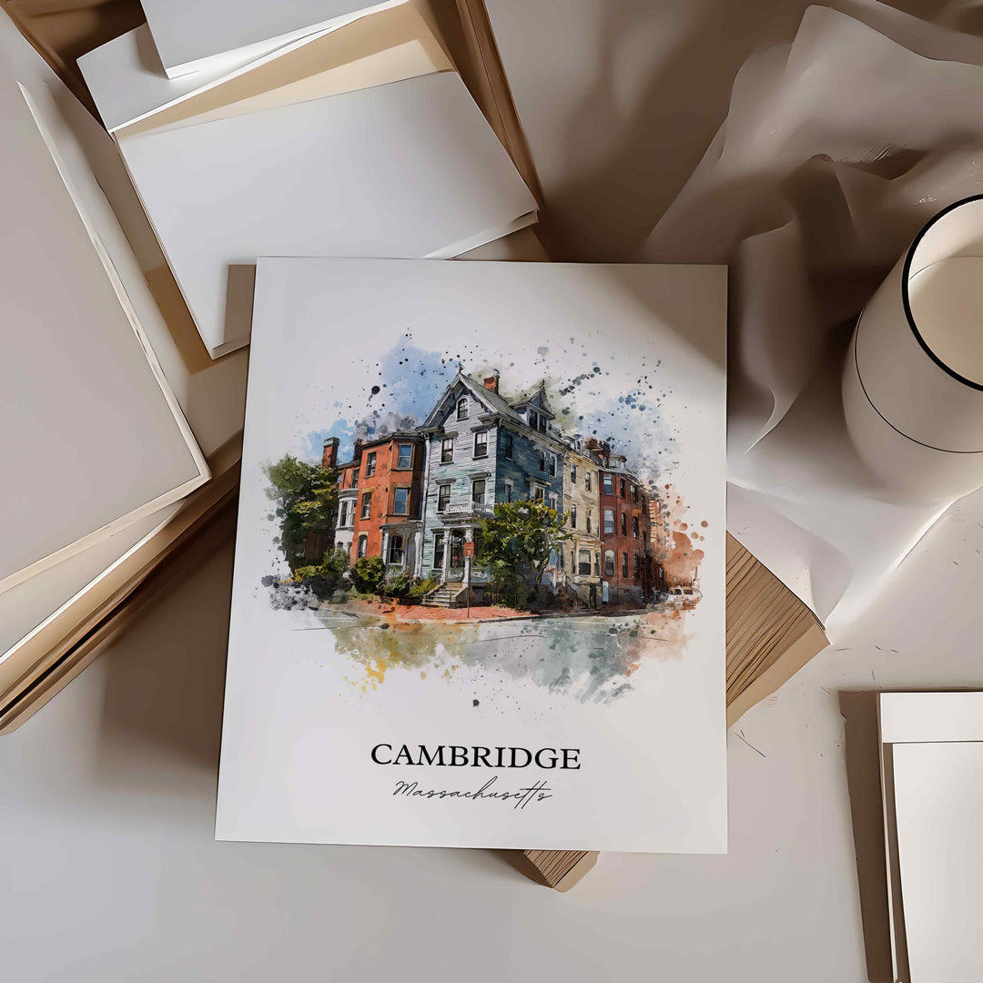 Cambridge MA Wall Art, Cambridge Print, Massachusetts Watercolor Art, Boston MA Gift, Travel Print, Travel Poster, Housewarming Gift