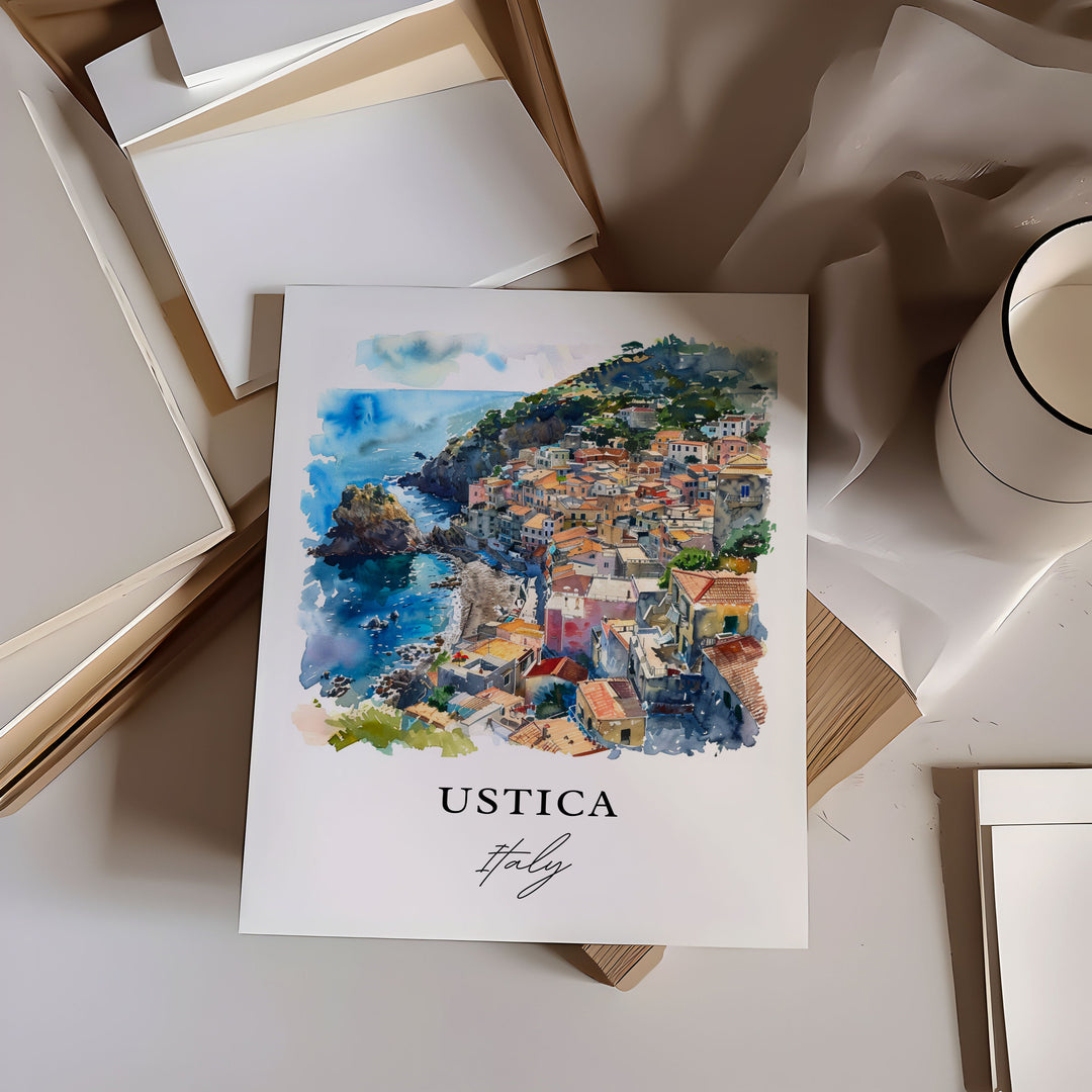 Ustica Wall Art, Sicily Italy Print, Ustica Italy Watercolor, Ustica Island Gift, Capo Gallo