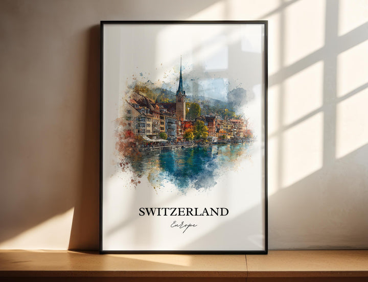 Switzerland Art, Switzerland Print, Switzerland Watercolor Art, Switzerland Country Gift, Travel Print, Travel Poster, Housewarming Gift