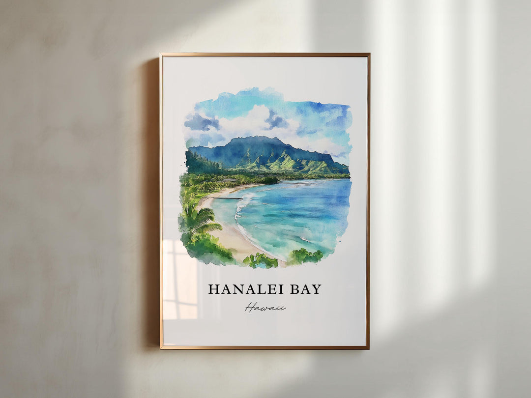 Hanalei Bay Wall Art, Hanalei Bay Print, Kauai Island Watercolor Art, Kauai Hawaii Gift,