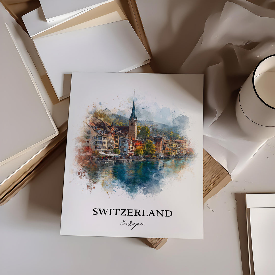 Switzerland Art, Switzerland Print, Switzerland Watercolor Art, Switzerland Country Gift, Travel Print, Travel Poster, Housewarming Gift