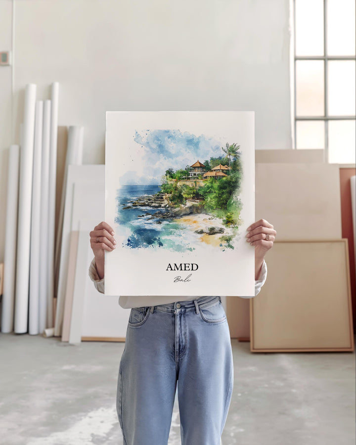 Amed Bali Wall Art, Karangasem Print, Bali Watercolor Art, Amed Bali Gift, Travel Print, Travel Poster, Housewarming Gift