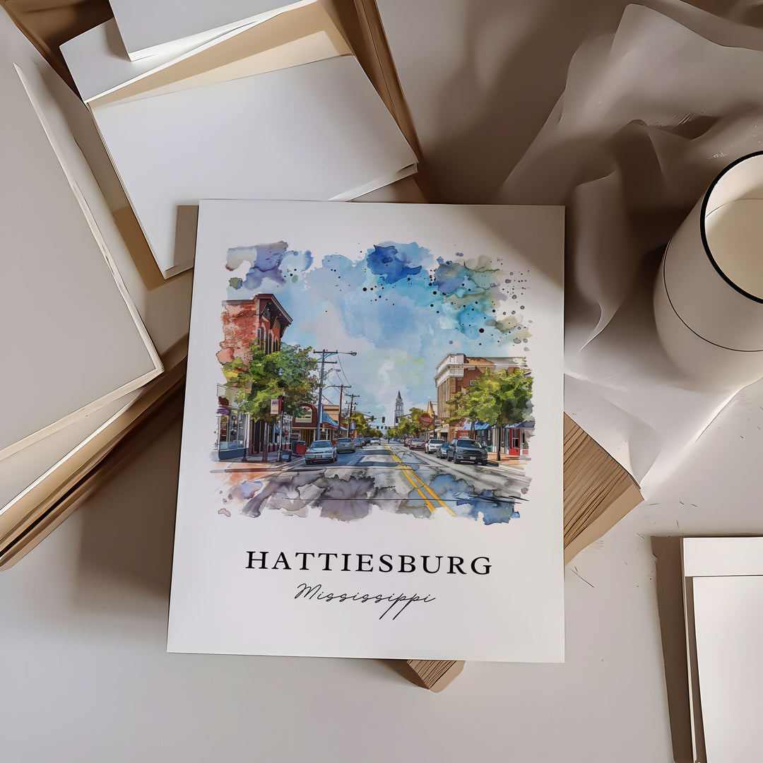 Hattiesburg MS Wall Art, Hattiesburg Print, Hattiesburg Mississippi Watercolor, Univ Mississippi Gift, MS Travel Poster, Housewarming Gift