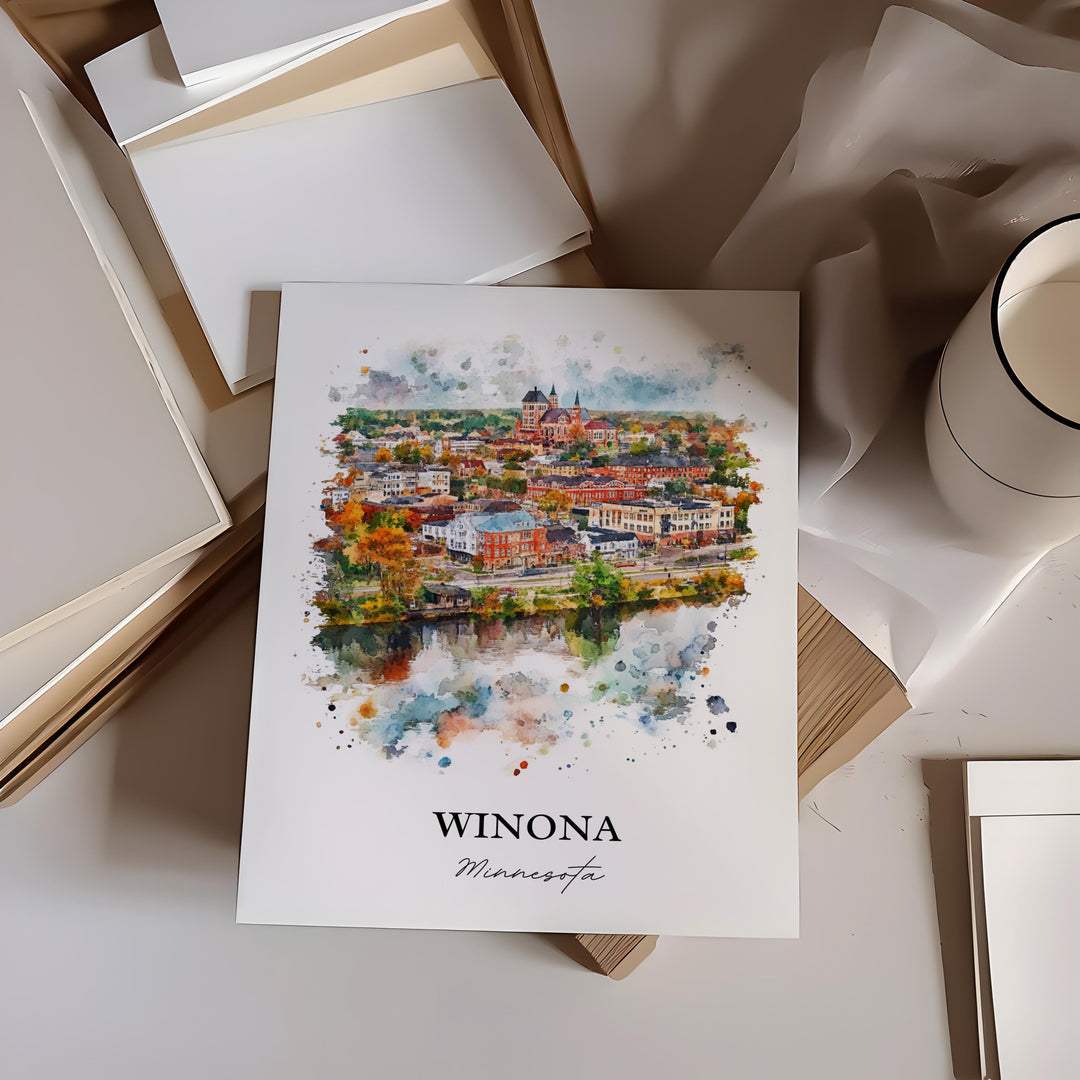 Winona MN Wall Art, Rochester MN Print, Minnesota Watercolor Art, Winona Minnesota Gift, Travel Print, Travel Poster, Housewarming Gift